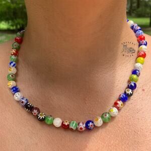 Floral Beaded Necklace Colorful Round Boho Beads Handmade Jewelry